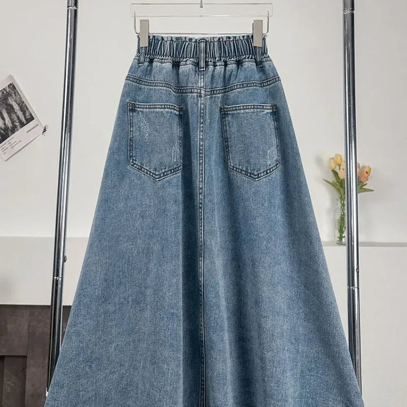 New Denim Long Skirt High Waist Loose Solid Leisure A- Line Umbrella Skirt Spring Autumn Fashion Women's Half Body Skirt