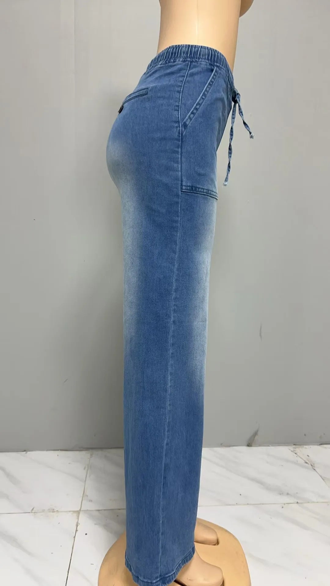 Women Jeans Wide Leg Pants Streetwear Denims Drawstring High Waist Washed Distressed Pockets Female Vintage Straight Trousers
