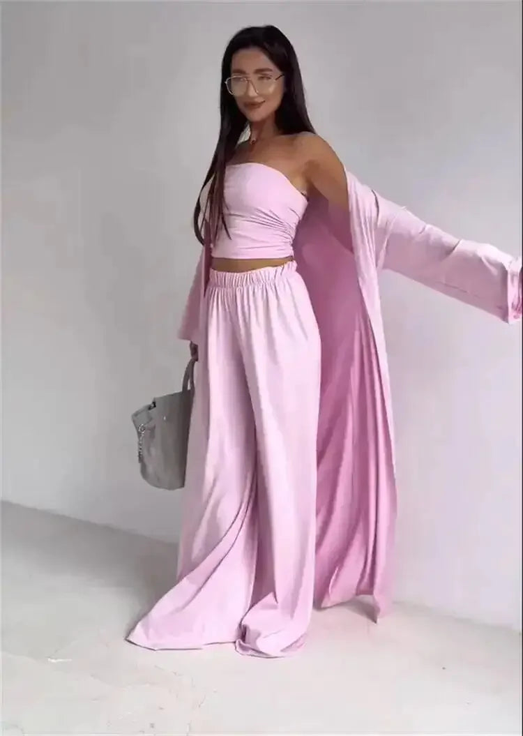 Summer Women's Clothing Casual 3Pcs Strapless Vest Long Cardigan Wide-Leg Pants Suit Lady Elegant Office Wear Outfits for Female