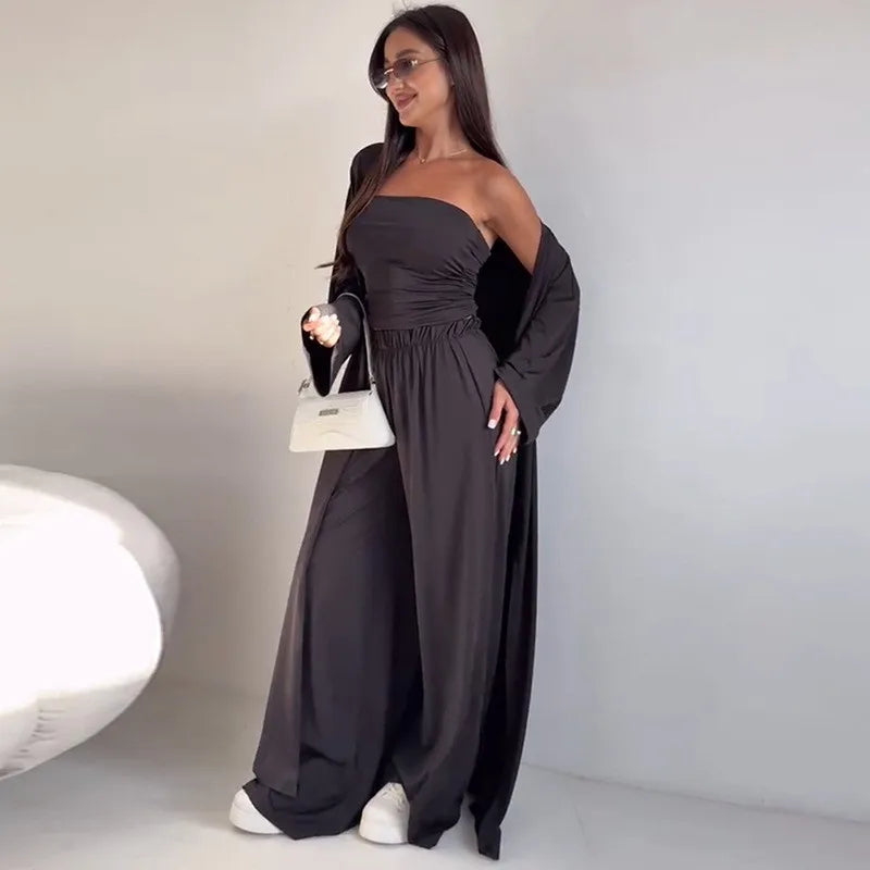 2 Piece Set Women's Summer Suit Black Crop Top Beige Wide Leg Pants Maxi Length White Long Pants Ruched Waist Solid Color