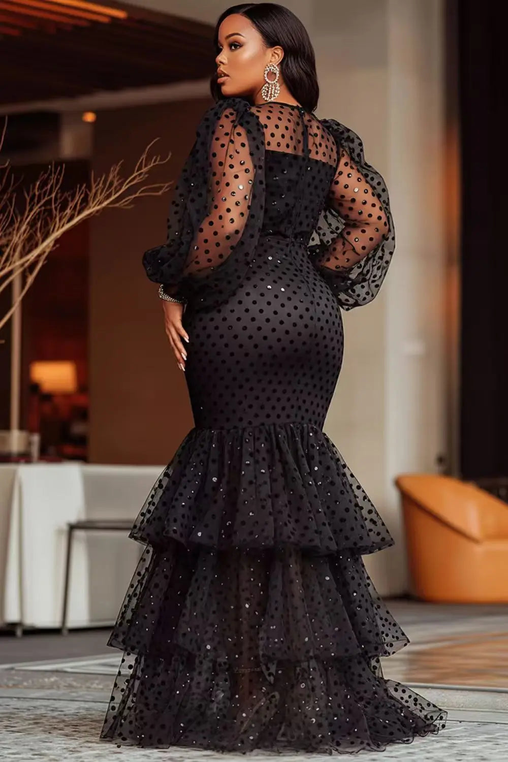 Sexy Large Size Bubble Flocking Polka Dot Dress Cross-Border Women's Fashion Autumn Winter New Arrival Elegant Commute Style