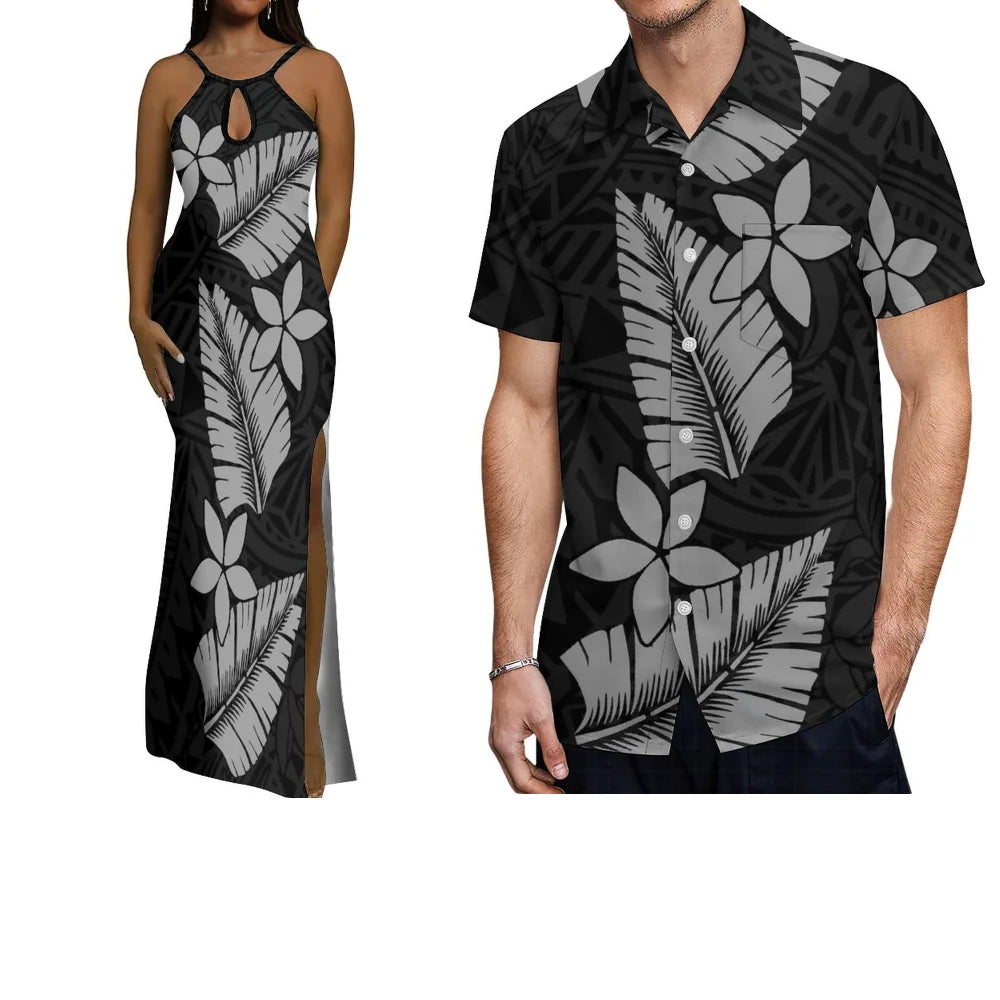 Polynesian Custom-Made Couple Set  Hawaiian-Style Printed Design  Vacation-Style Women'S Halter Dress  Men'S Pocket Shirt Top