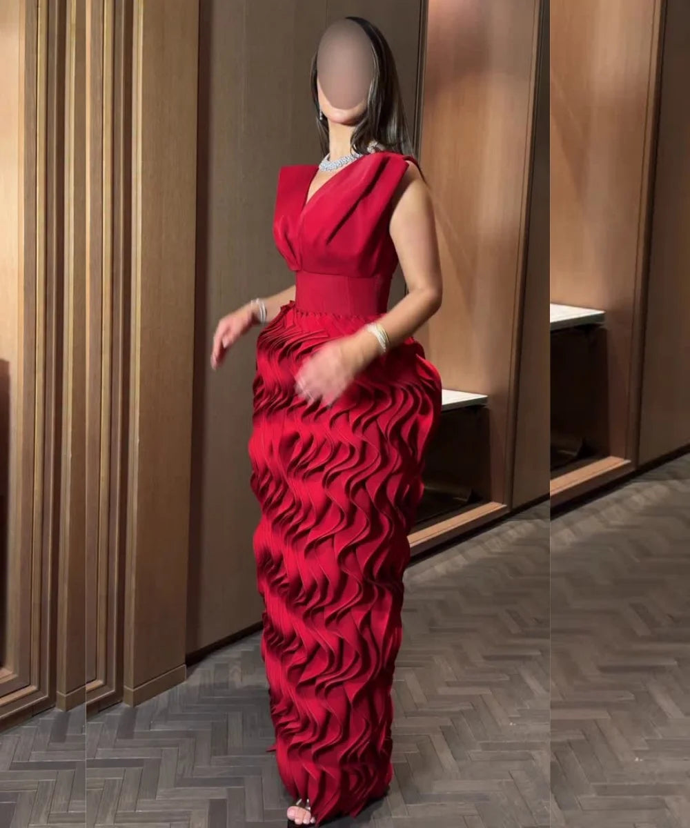 Customized High Quality Jersey Pleat Straight V-neck Long Bespoke Occasion Party Dresses Exquisite Chinese Style