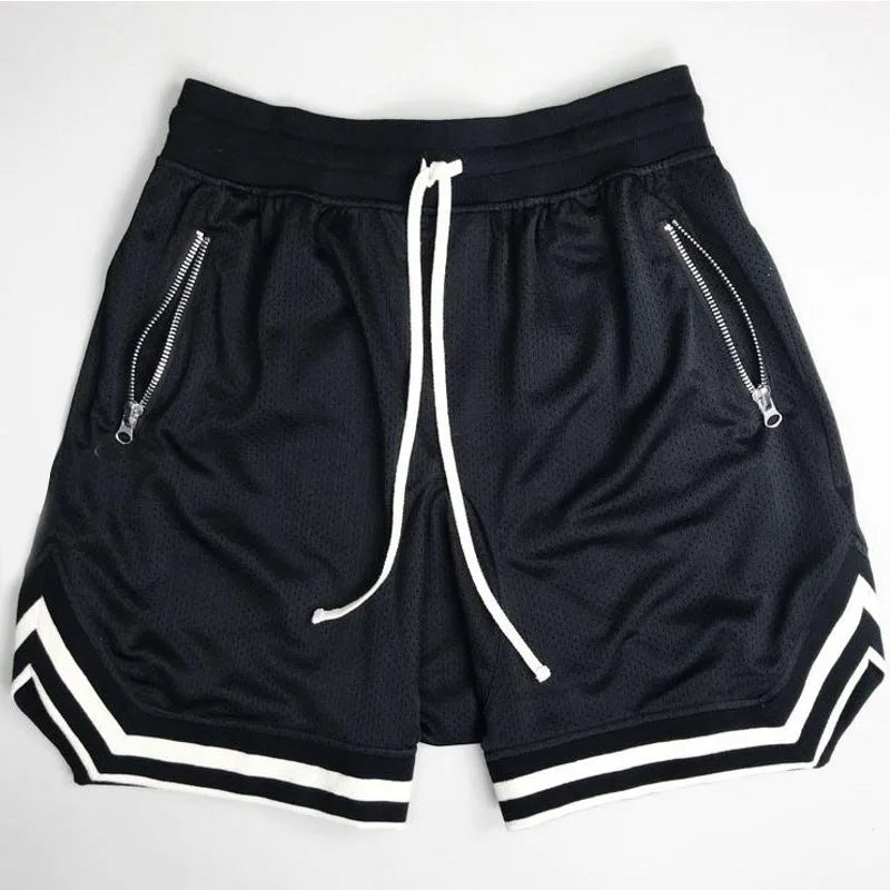 Men's zippered pocket drawstring shorts, sportswear, breathable, quick drying, comfortable, loose fitting color matching shorts,
