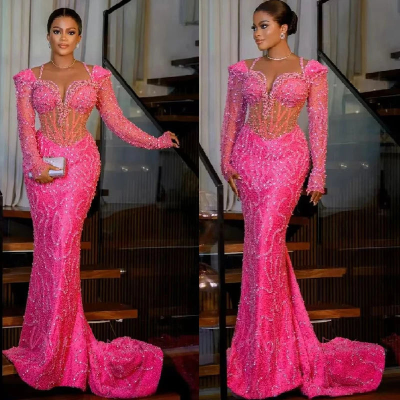 Customized Lace Sparkling Reception Gowns Prom Dresses Black Women Birthday Evening Dresses Elegant Long Sleeves Beaded