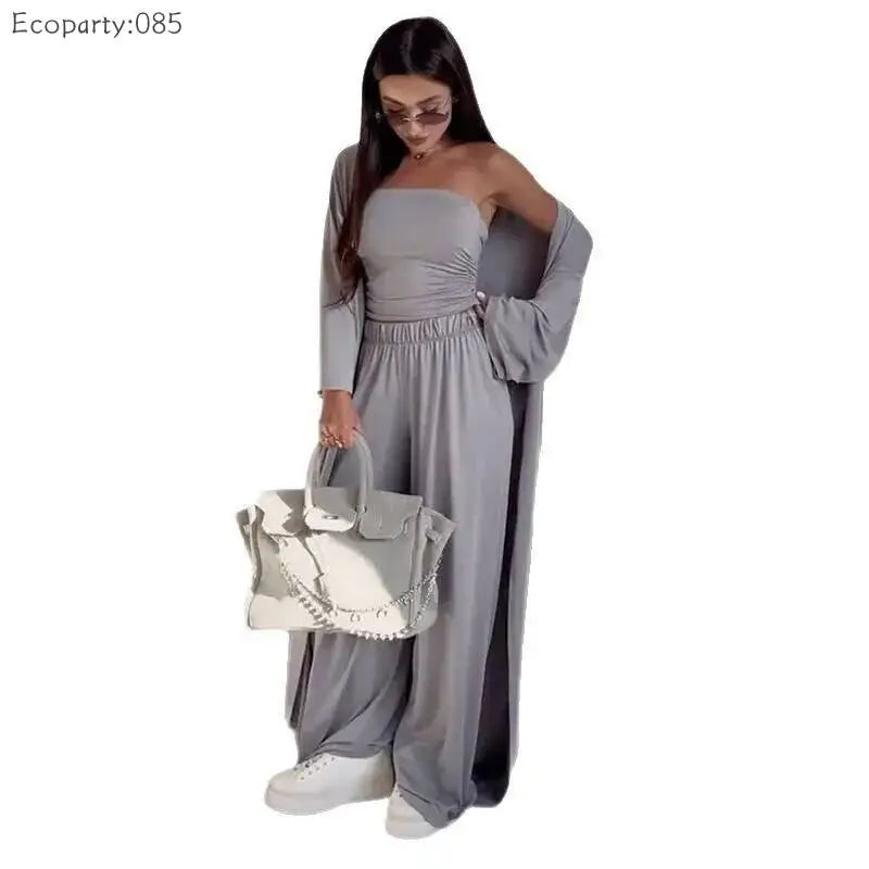Summer Women's Clothing Casual 3Pcs Strapless Vest Long Cardigan Wide-Leg Pants Suit Lady Elegant Office Wear Outfits for Female
