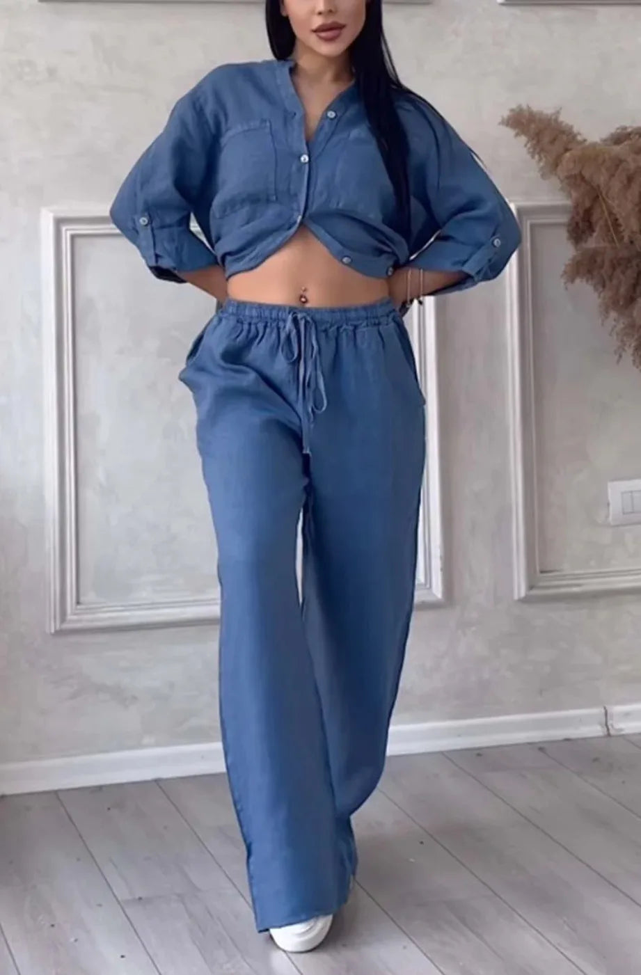 2 pieces women sets 2026 new solid color single-breasted long-sleeved shirt+wide-leg pants lace-up suits women's clothing