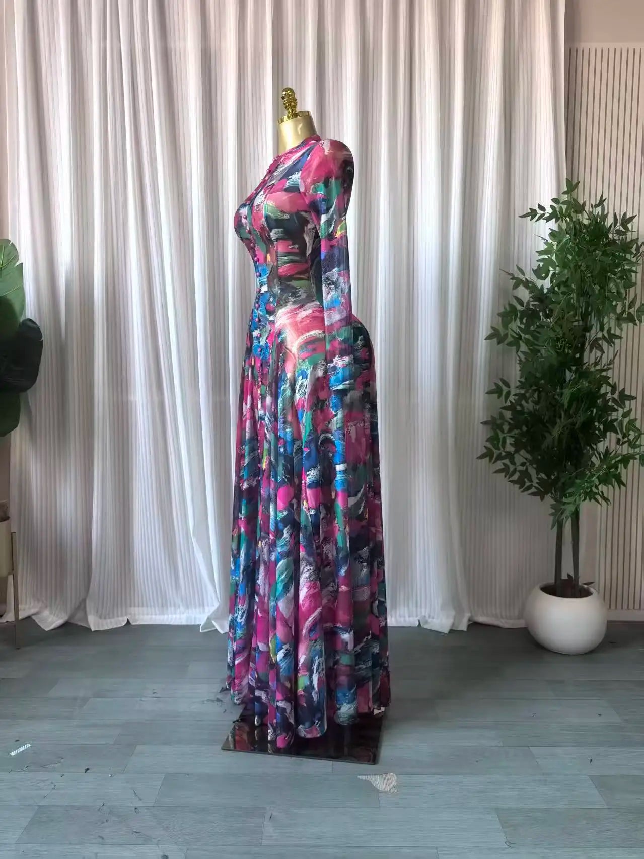 CM.YAYA Women O-neck Long Sleeve Big Swing Tie Dye Print Long Dress 2026 Sexy Parties Evening Vacation Maxi Dresses Vestidos