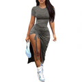 Women's fashion, sexy, slim fit, solid color pleated, split drawstring dress