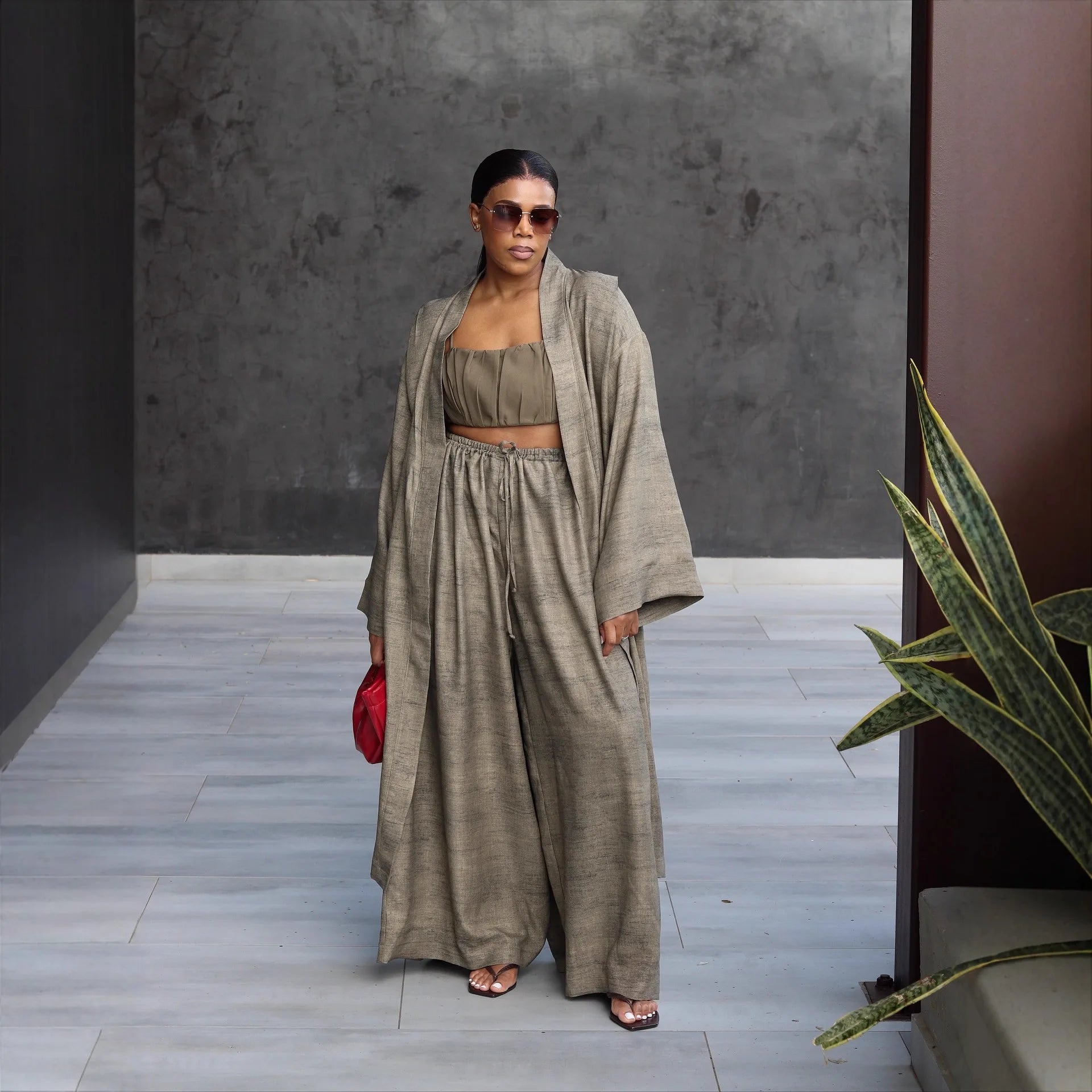 Pant Set Women 3 Piece Sets Strapless Short Tops Full Sleeve Mi Dlength Coats Wide Leg Long Pants High Waist Y2k Streetwear Work