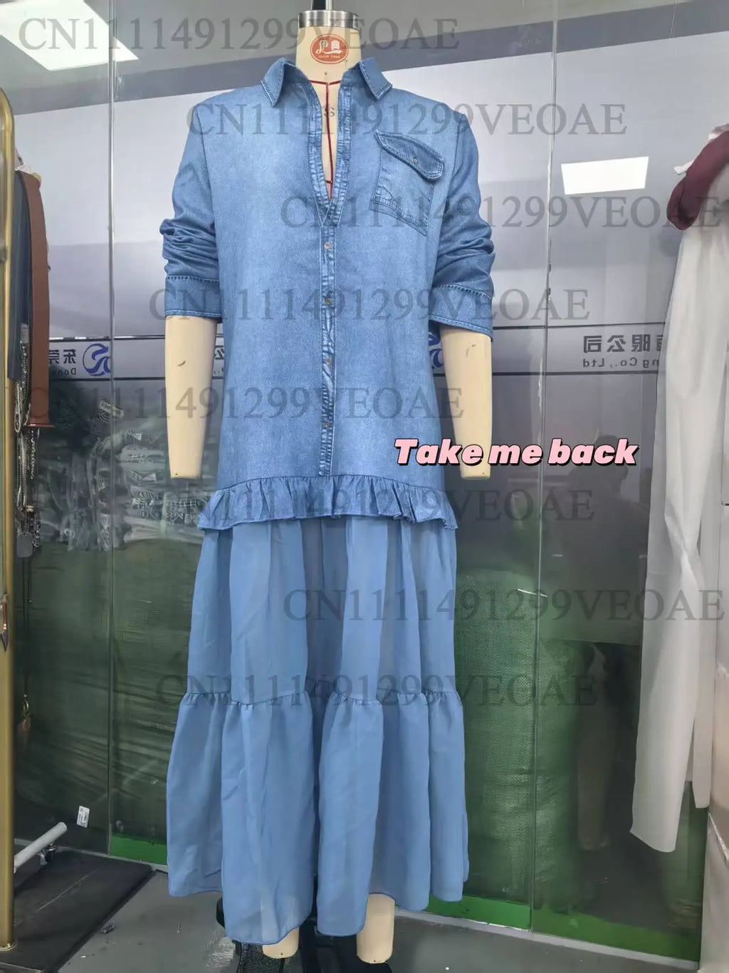 Women's Denim Maxi Dress Mesh Splice Long Sleeve Turn Down Collar Single-breasted Belted Organza Hem Casual Elegant Shirt Dress