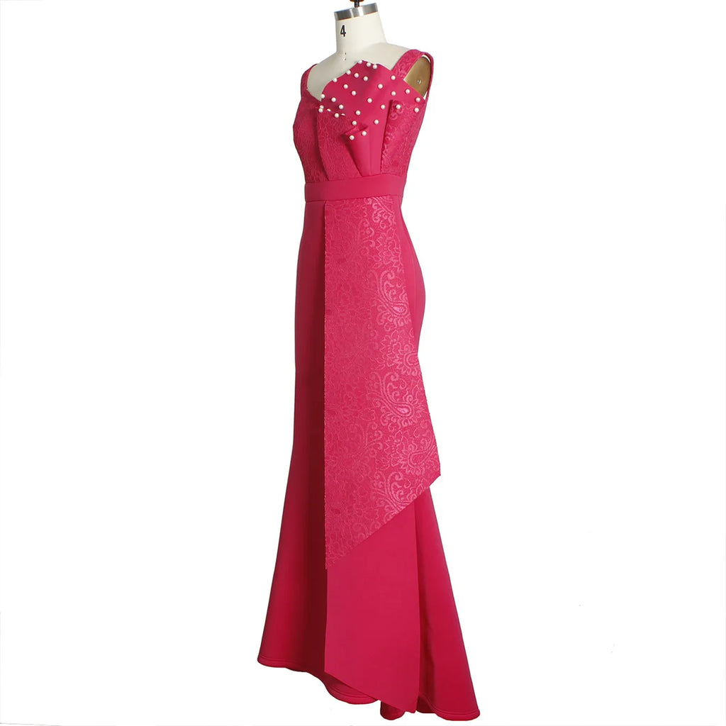 2021 Winter Women Slash Neck Short Sleeve Pearl Dress Sexy Office Lady Africa Evening Night Club Party Long Maxi Dresses GL05143