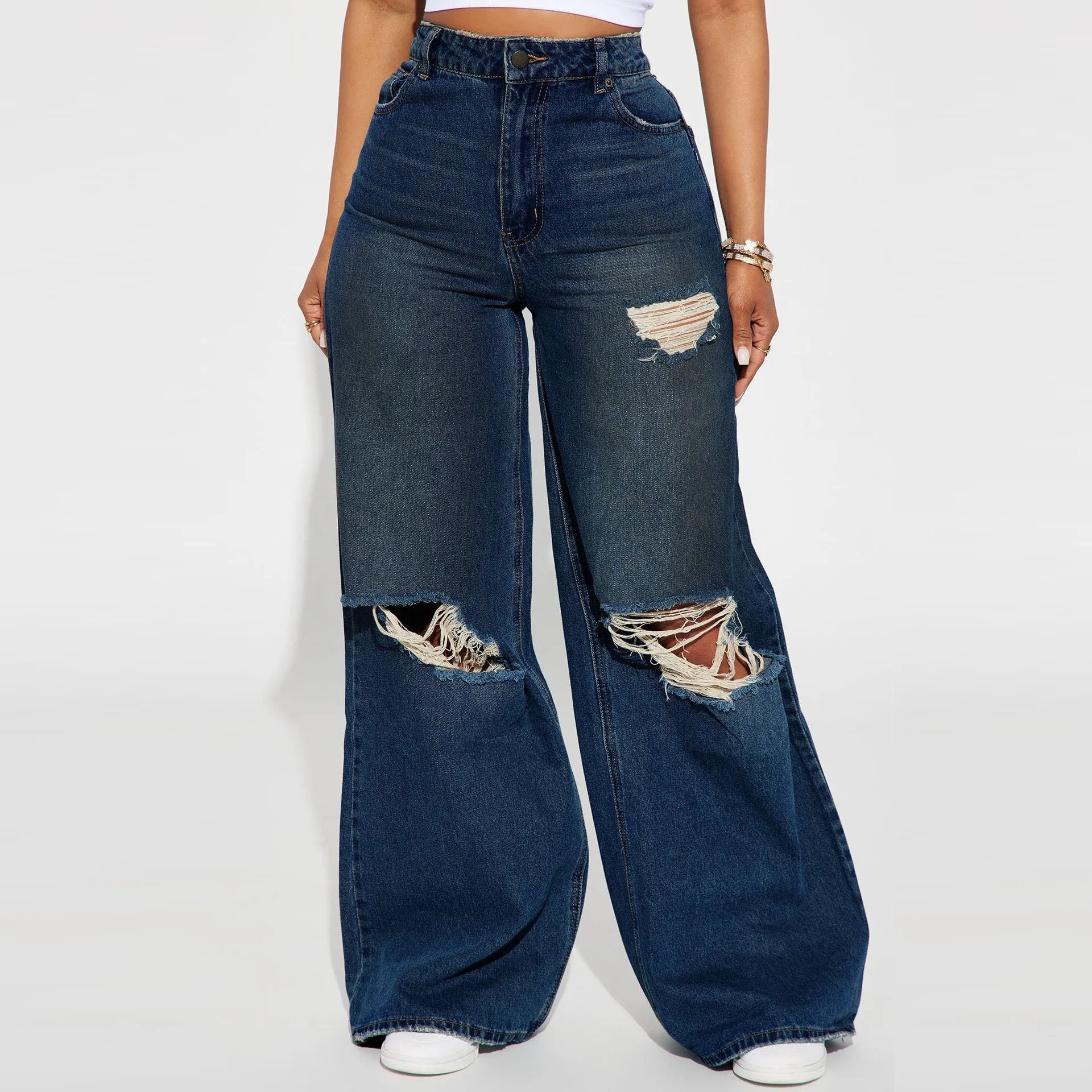 The New Fashion High-waisted Wide-leg Jeans for Autumn and Winter.Personality Washed Holes Loose Casual Floor-length Jeans Women