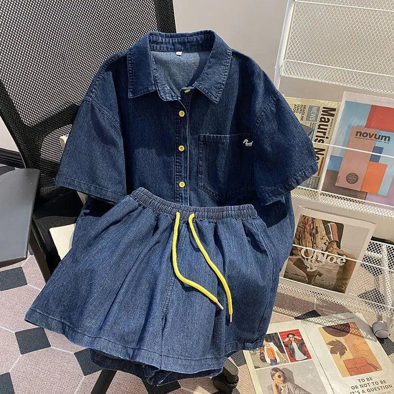 Denim Pant Set Women Two Piece Sets Turn Down Collar Shirt Tops Short Pants Lace Up Elastic Waist Y2k Streetwear Elegant Casual