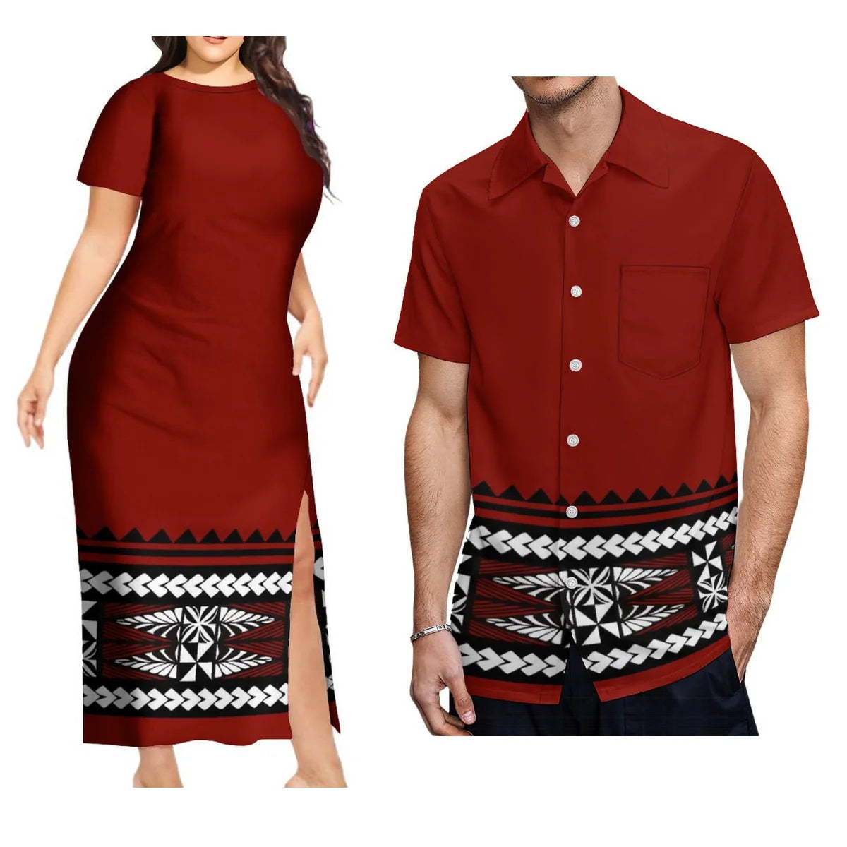 Support Custom Samoan National Dress Women'S Crew-Neck Maxi Dress Fashion Slit Dress With Men'S Short-Sleeved Shirt 9xl
