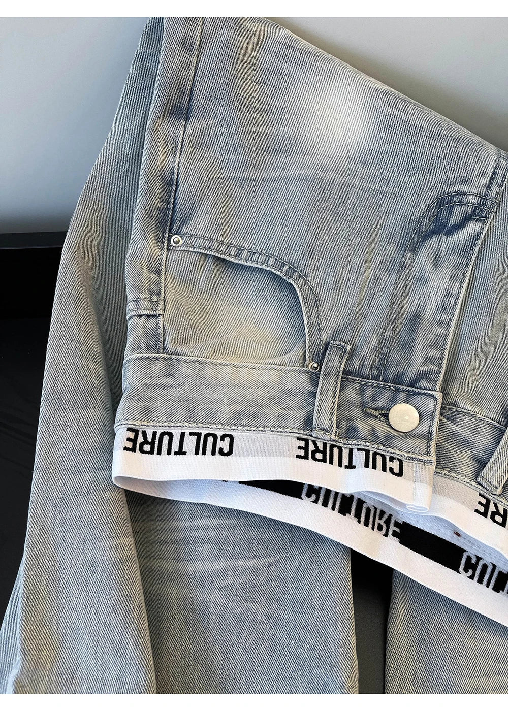 American Vintage Ripped Patchwork Jeans for Women Light Blue High Waist Straight Loose Denim Pants Spring Fall Wide Leg Trousers
