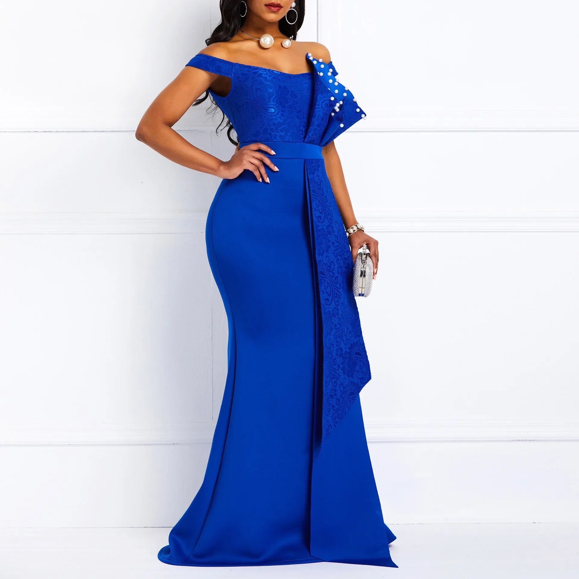 2021 Winter Women Slash Neck Short Sleeve Pearl Dress Sexy Office Lady Africa Evening Night Club Party Long Maxi Dresses GL05143