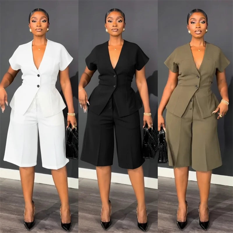 Doyerl Elegant Fashion Two Piece Set Woman Work Wear Office Lady Short Sleeve V-neck Top and Knee Length Shorts Matching Sets