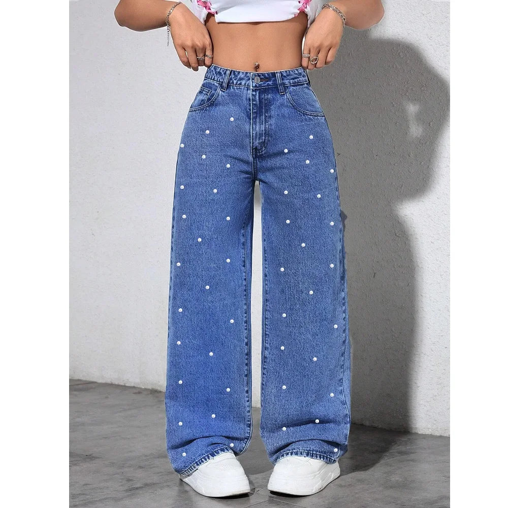 Women High Waist Denim Jeans Ladies Fashion Beading Straight Pants