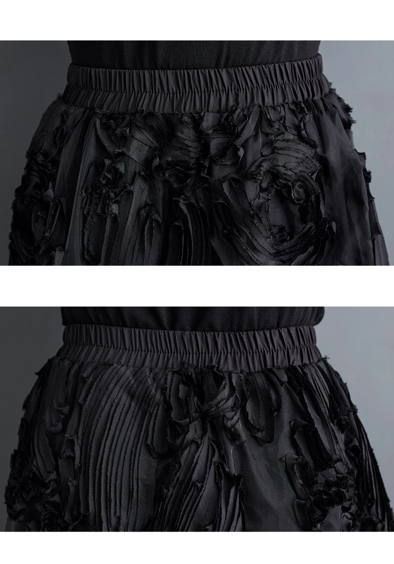Black Skirt for Women Summer Fashin Heavyweight Chic Design Pleated A-line Easy Match Elastic Waist Dress Female Creative Skirt
