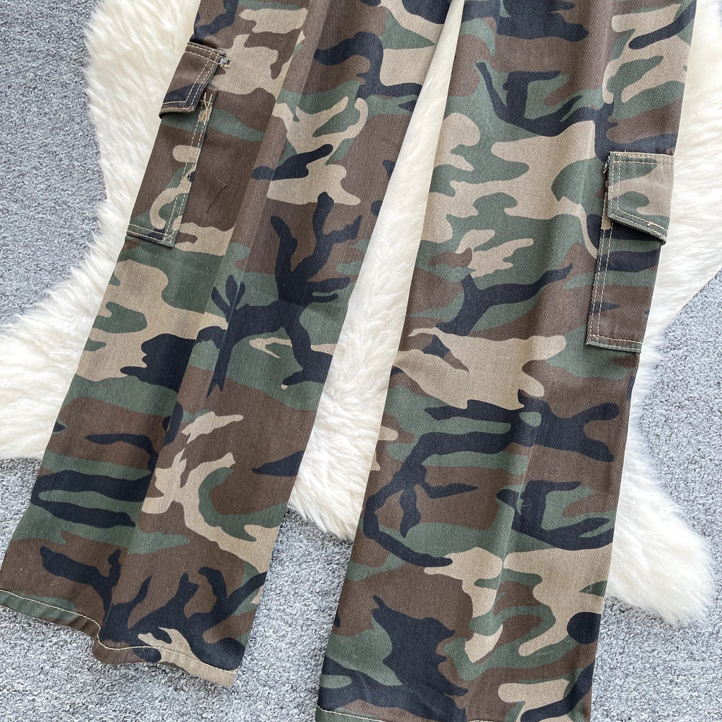 SINGREINY Camouflage Printed Wide Leg Pants women 2025 Autumn Workwear Style Casual Britches Straight Leg Denim Vintage Trousers