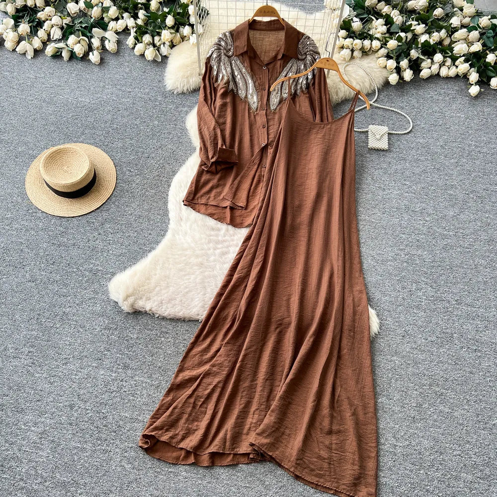 Women Two Piece Sets Dress Set Full Sleeve Shirt Casual Loose Long Dresses Sling A Line Y2k Streetwear Elegant Work Summer 2026