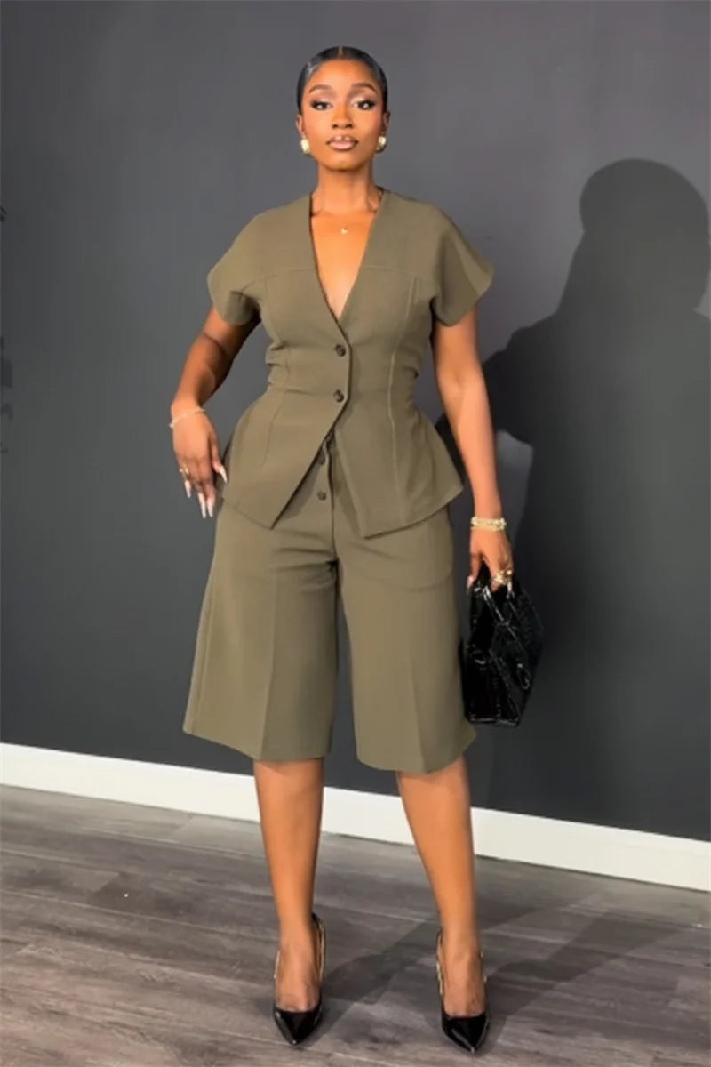 Doyerl Elegant Fashion Two Piece Set Woman Work Wear Office Lady Short Sleeve V-neck Top and Knee Length Shorts Matching Sets
