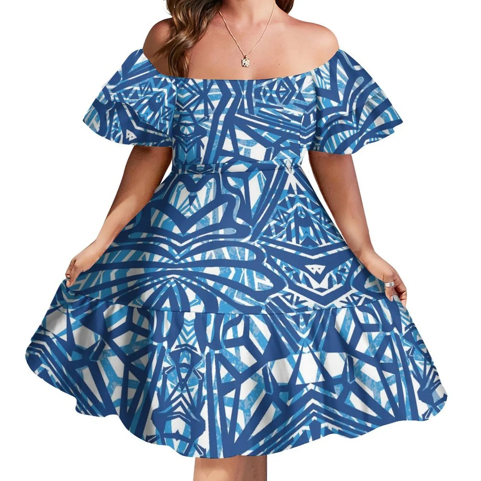 Tattoo Designs Customized On Demand Feature Ruffle Sleeve Dress Polynesian Traditional Tribe Short Dress For Evening 1 MOQ