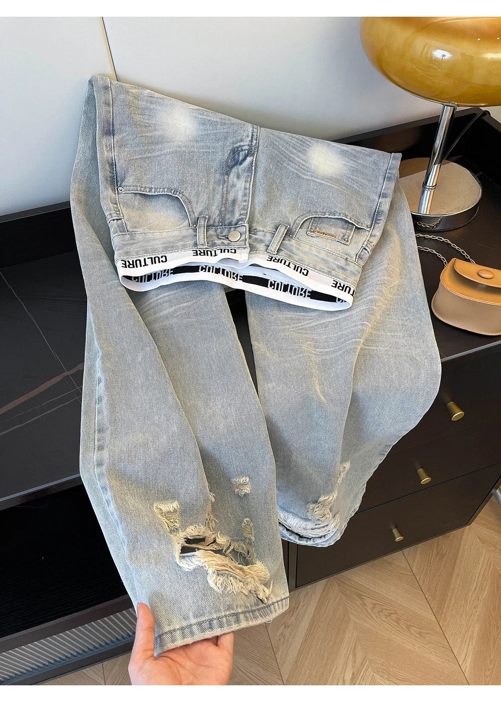 American Vintage Ripped Patchwork Jeans for Women Light Blue High Waist Straight Loose Denim Pants Spring Fall Wide Leg Trousers