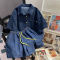 Denim Pant Set Women Two Piece Sets Turn Down Collar Shirt Tops Short Pants Lace Up Elastic Waist Y2k Streetwear Elegant Casual