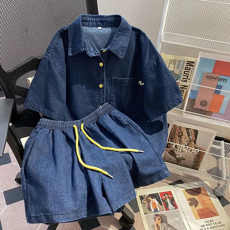 Denim Pant Set Women Two Piece Sets Turn Down Collar Shirt Tops Short Pants Lace Up Elastic Waist Y2k Streetwear Elegant Casual