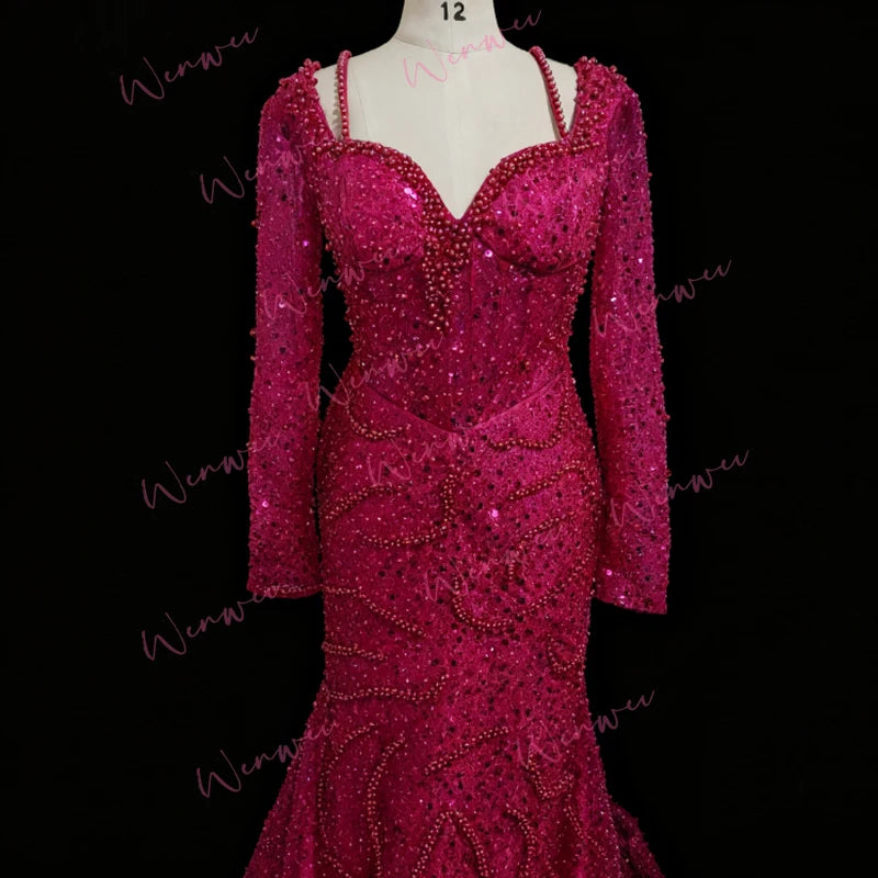 Customized Lace Sparkling Reception Gowns Prom Dresses Black Women Birthday Evening Dresses Elegant Long Sleeves Beaded
