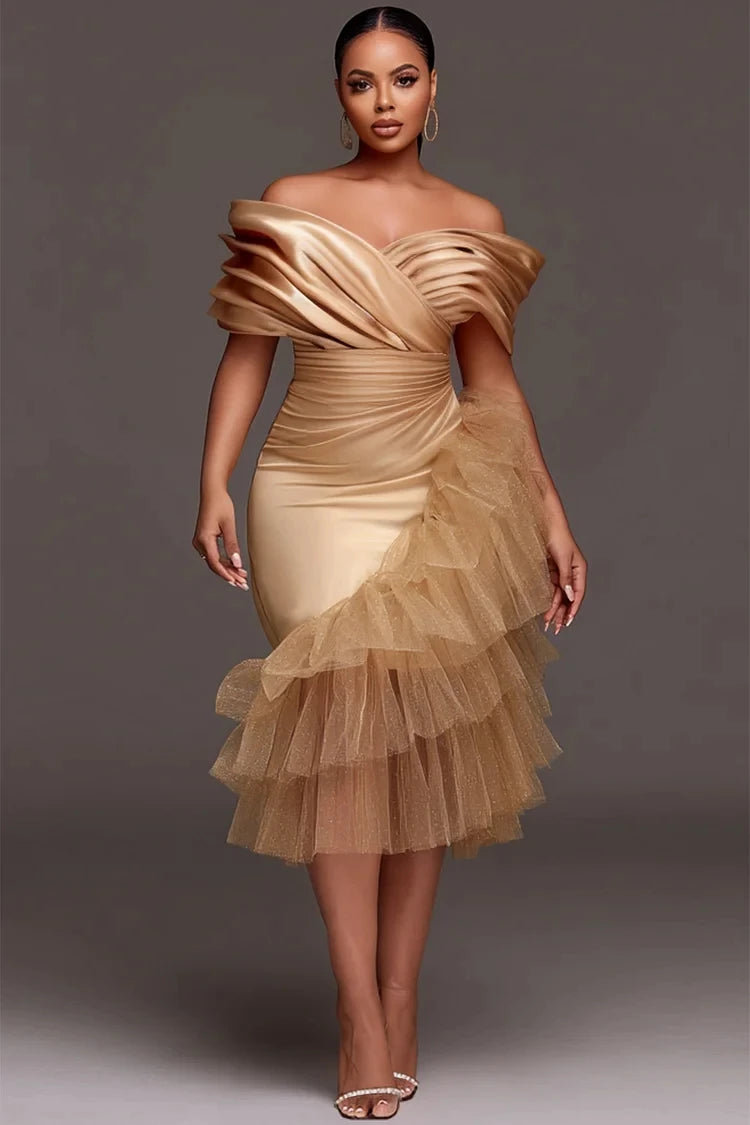 Customized Gold Prom Dresses Plus Size Off Shoulder Trumpet Ruffles Tulle Elastic Satin Pleats Formal Party Evening Gowns