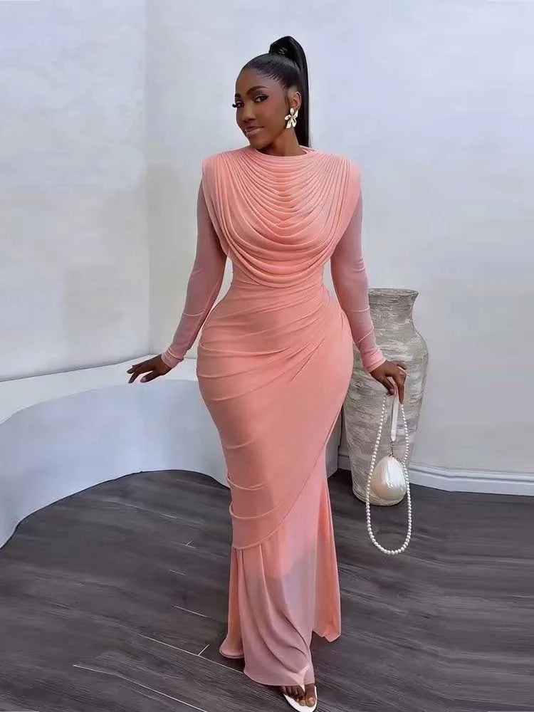 Chic and Elegant Women's Evening Dress Mesh Draped Collar Long Sleeve Bodycon Mid Dress Slim High Waisted Sexy Ladies Dress