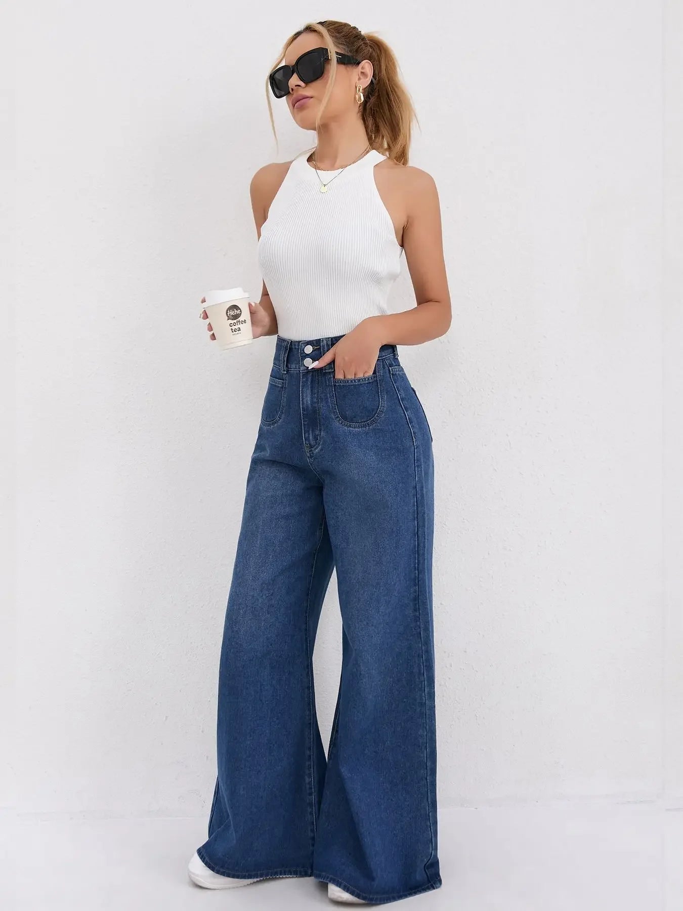 Trendy Womens Jeans Baggy Jeans Wide Pants High Waist Loose Fit Two Button Solid Color Wide Leg Denim Trousers For Ladies