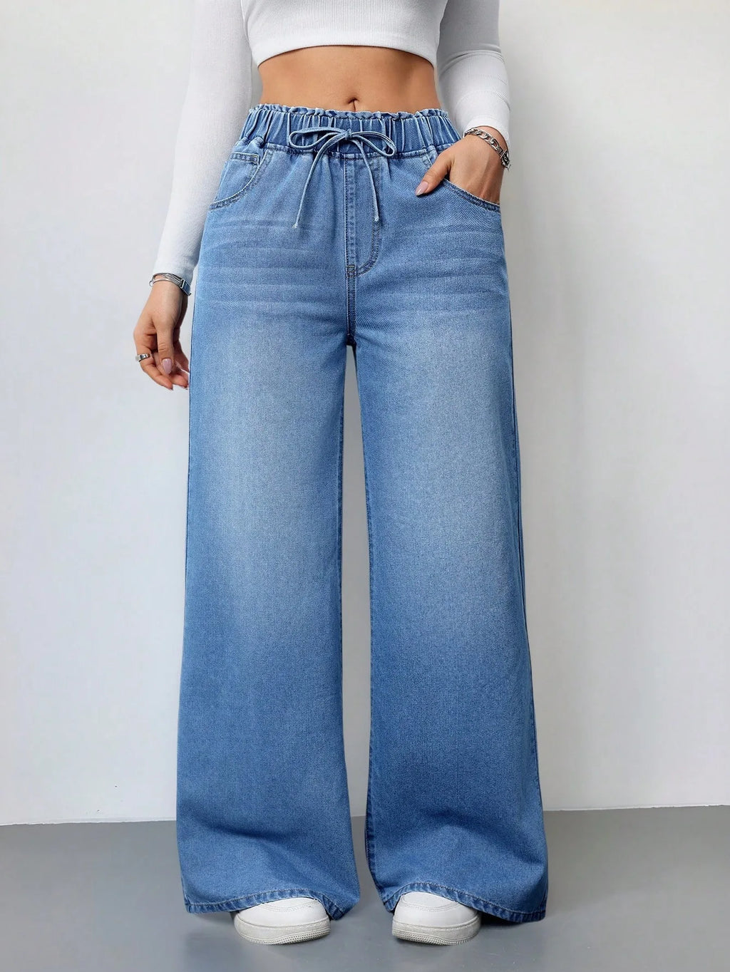 Wide Leg Pants Jeans Women Washed Denims Elastic Waist Lace Up Distressed Vintage Streetwear Female Full Length Loose Trousers