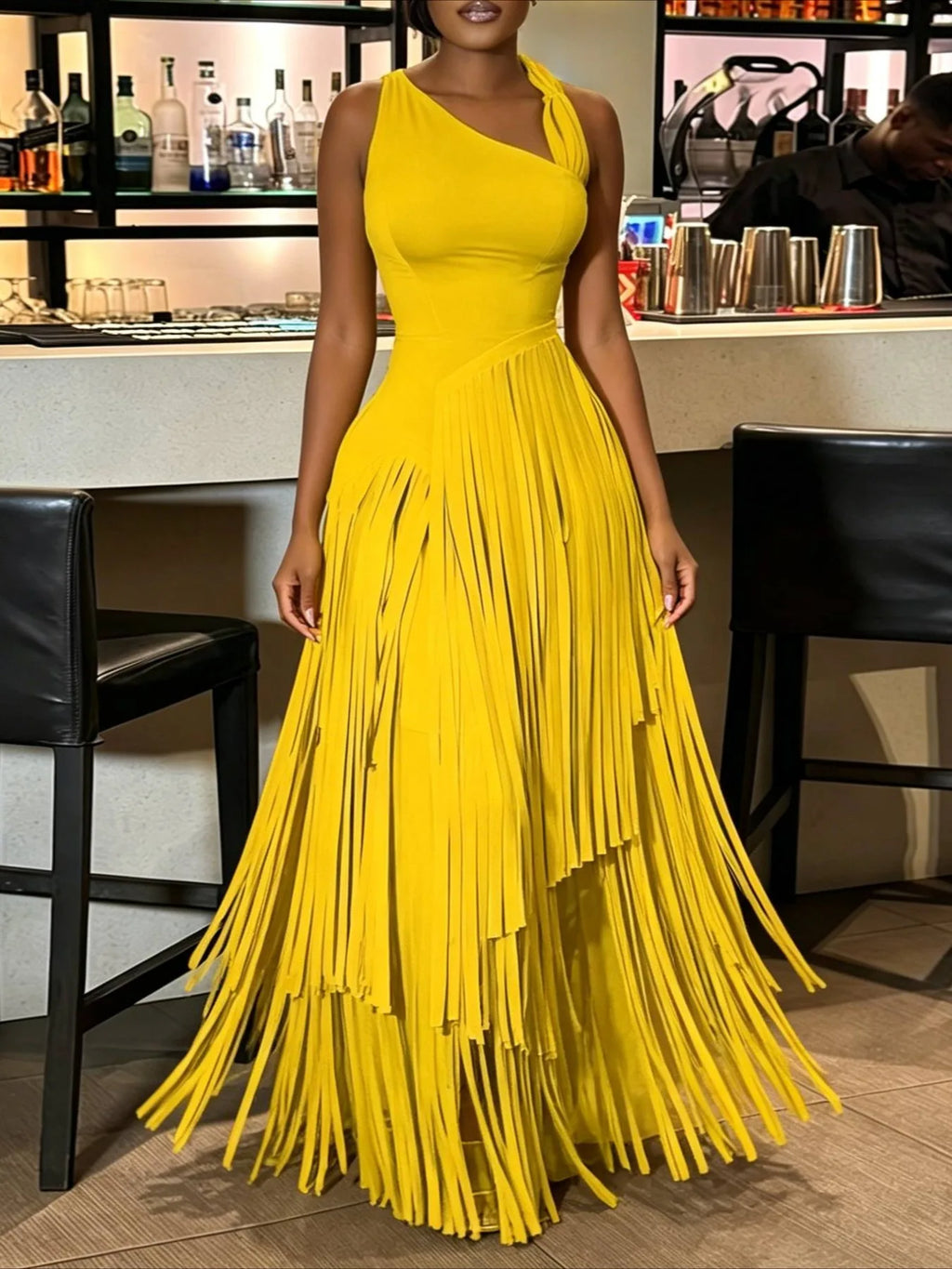 Women's Summer Sexy Aura Fashion Design Solid Color Tassel Dress Skirt Bodycon Maxi Dress