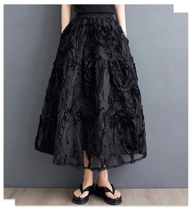 Black Skirt for Women Summer Fashin Heavyweight Chic Design Pleated A-line Easy Match Elastic Waist Dress Female Creative Skirt