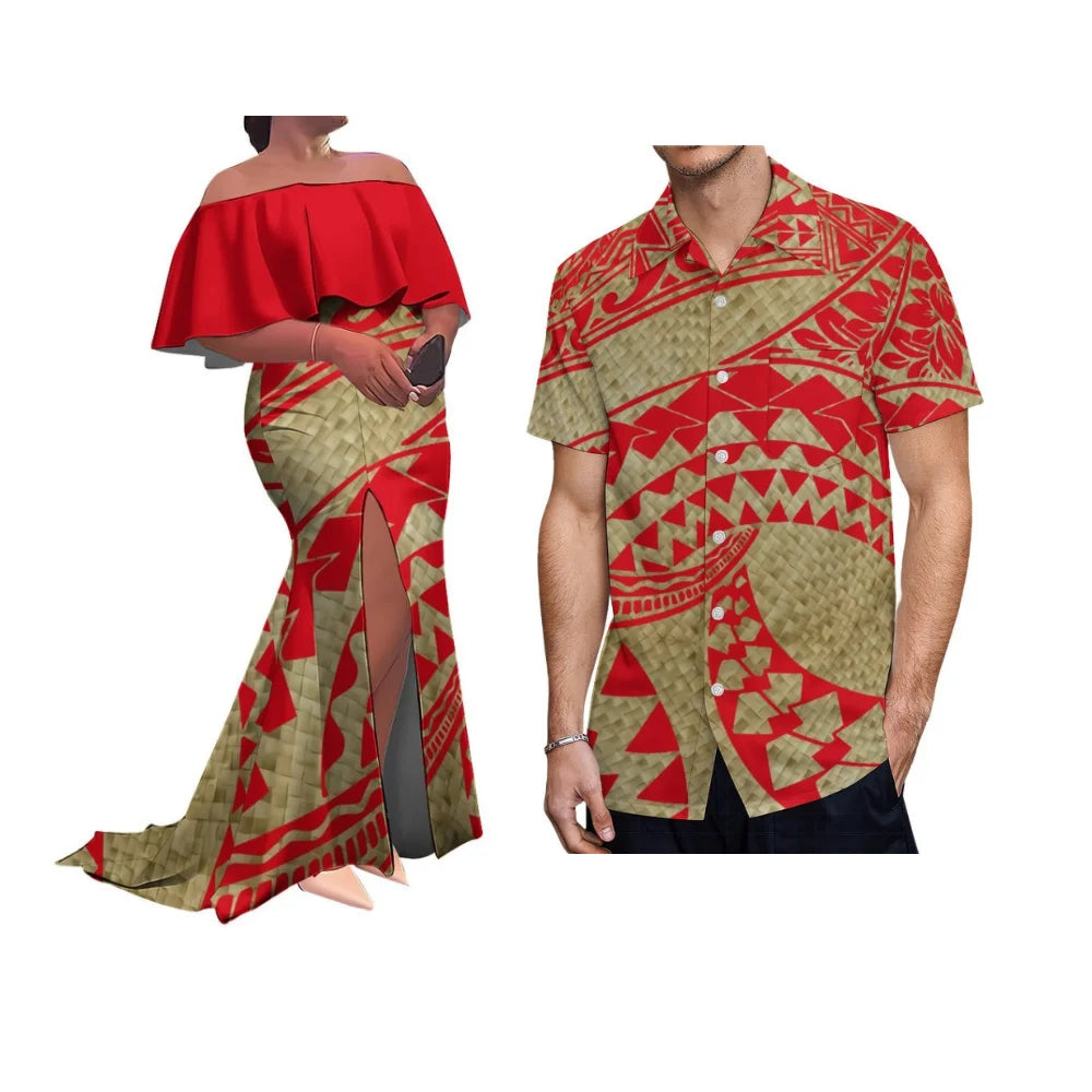 Customized Patterned Soft Fabric Tribal Ethnic Couple'S Outfit Polynesian Women'S Ruffled Collar Floor-Length Dress With Slit
