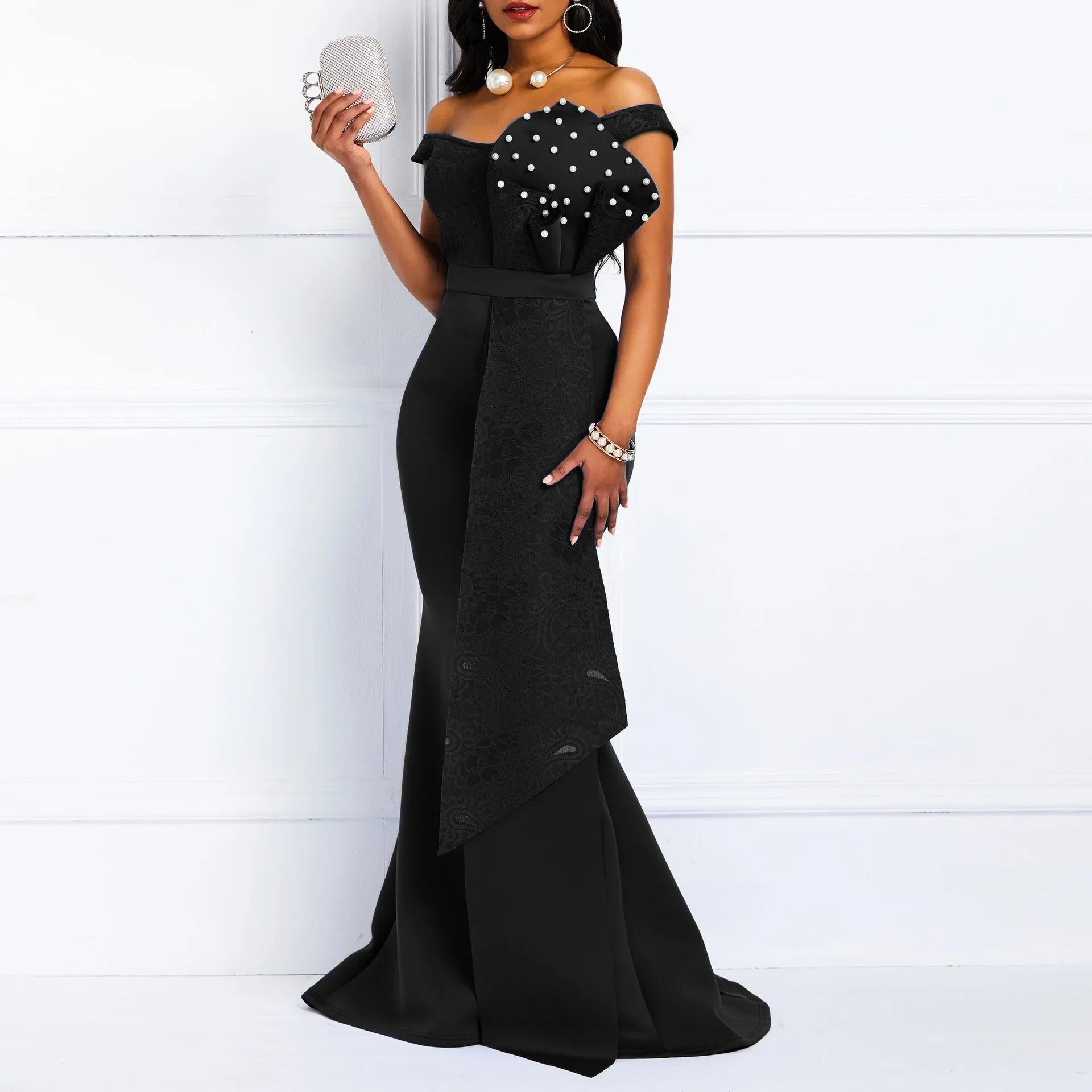 2021 Winter Women Slash Neck Short Sleeve Pearl Dress Sexy Office Lady Africa Evening Night Club Party Long Maxi Dresses GL05143