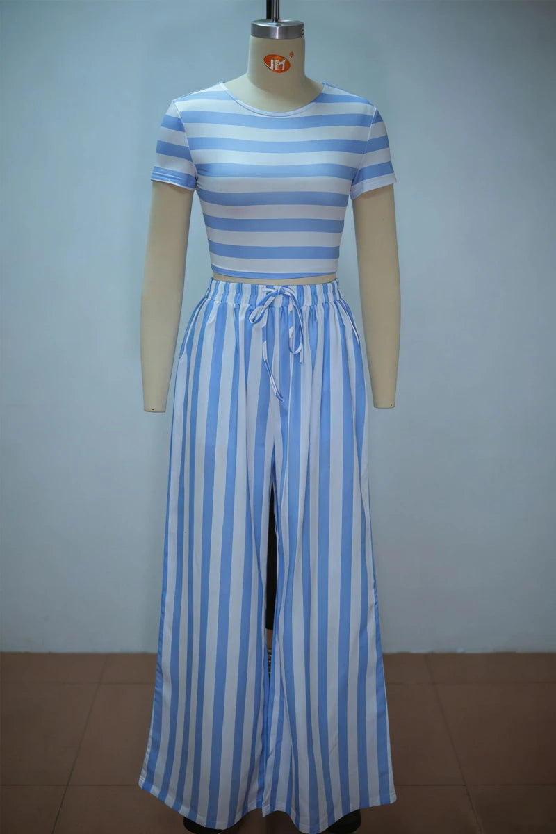 New African Fashion Women Two Piece Set Striped Printed Slim Crop Top And Loose Wide Leg Pants Set