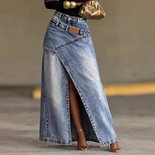 Skirt for Women 2026 Spring Autumn New Solid Color High Waisted Irregular Slit Streetwear Casual Denim A-Line Long Skirt