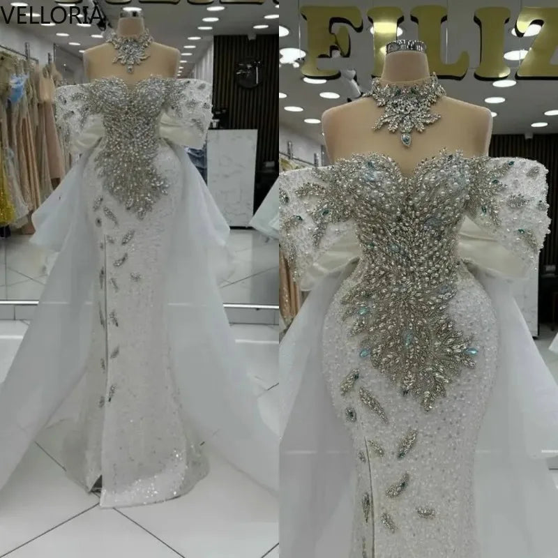 Luxury Evening Dresses For Women Off Shoulder Sleeveless Ball Gown Pearls Appliques Crystal Train Party Dress vestido Customized