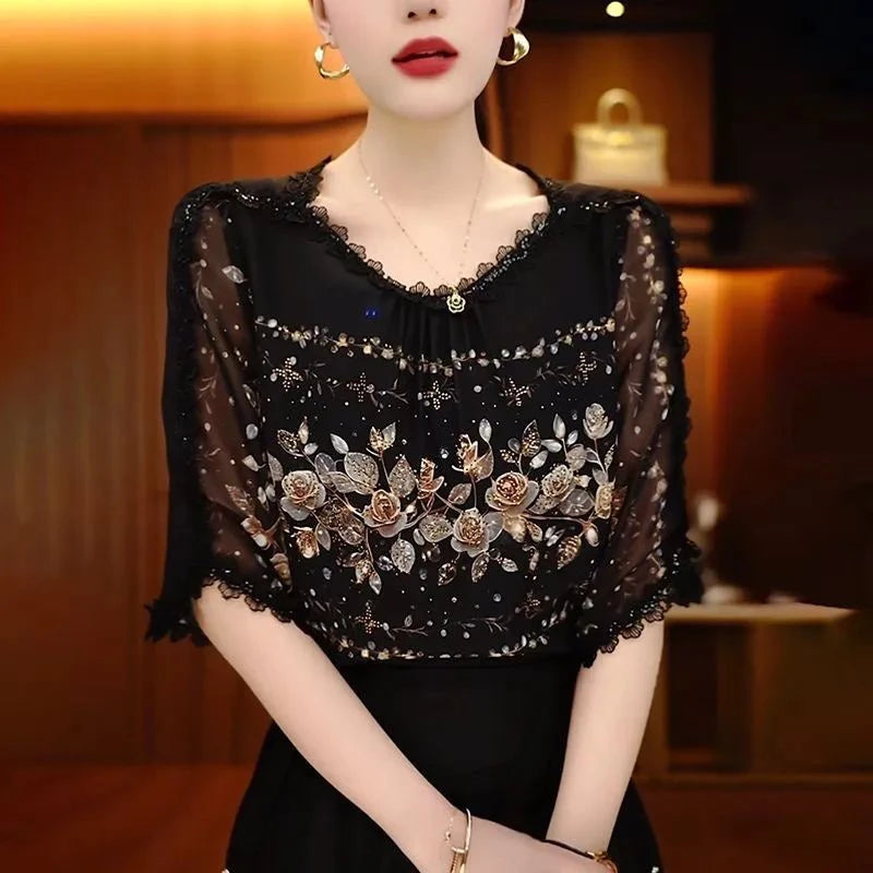 Slimming Effect Loose Fit round Neck mid Sleeve Fashionable Top for Older Women Comfortable Breathable Casual Wear