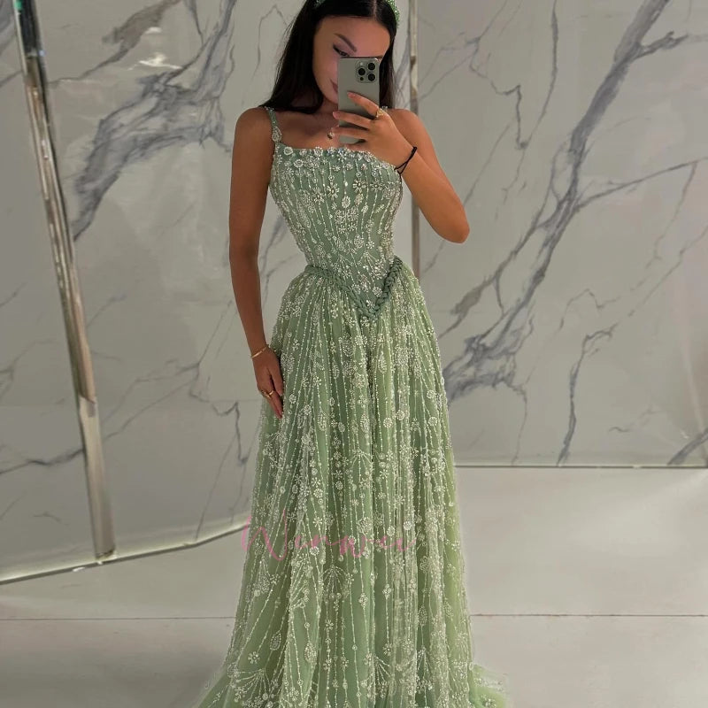 Customized Evening Dresses Woman Elegant Dress Luxury Wedding Guest Sleeveless Line A Beaded Lace Robe Soiree Ball Gowns
