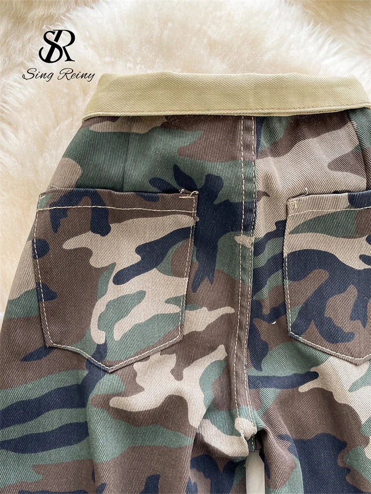 SINGREINY Camouflage Printed Wide Leg Pants women 2025 Autumn Workwear Style Casual Britches Straight Leg Denim Vintage Trousers