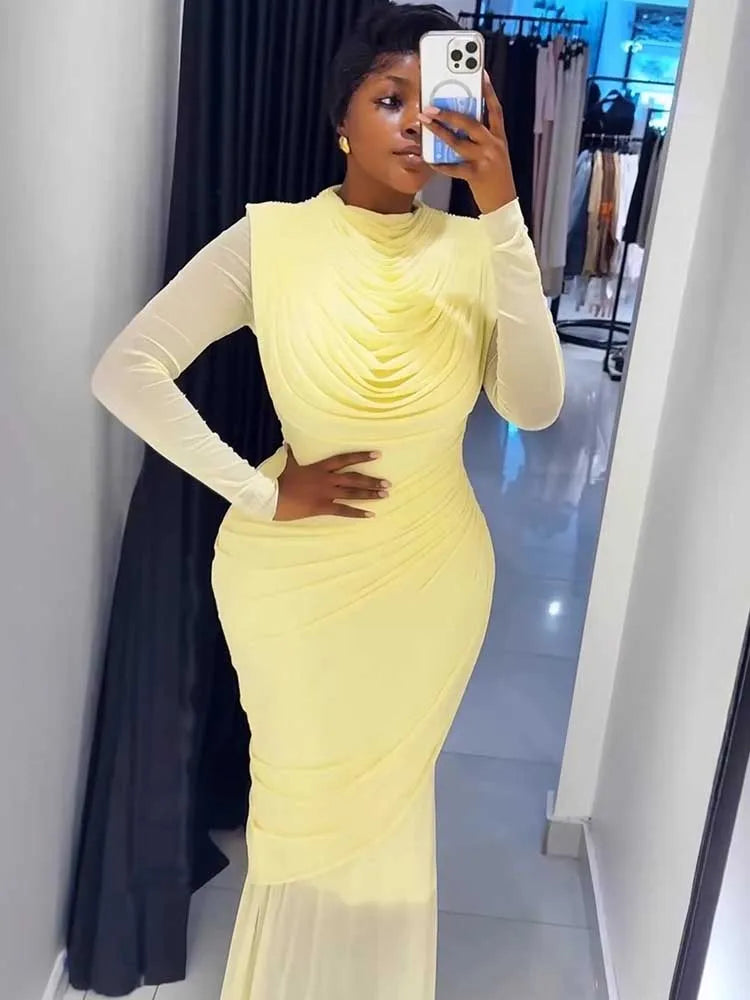 Chic and Elegant Women's Evening Dress Mesh Draped Collar Long Sleeve Bodycon Mid Dress Slim High Waisted Sexy Ladies Dress