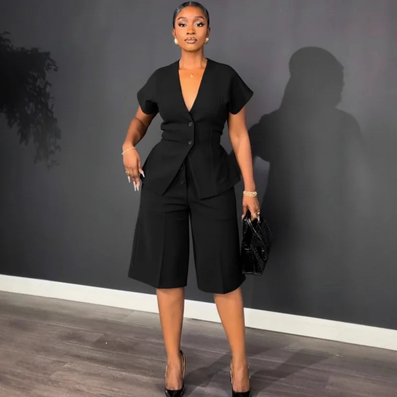 Doyerl Elegant Fashion Two Piece Set Woman Work Wear Office Lady Short Sleeve V-neck Top and Knee Length Shorts Matching Sets