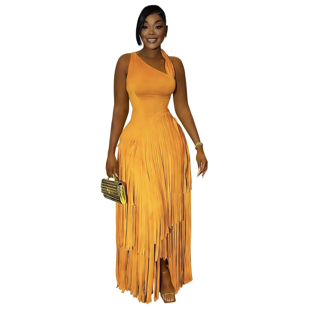 Summer Solid Color Tassel Dress for Women Elegant Slim Fit Women's Dress Fashionable Casual Maxi Dress