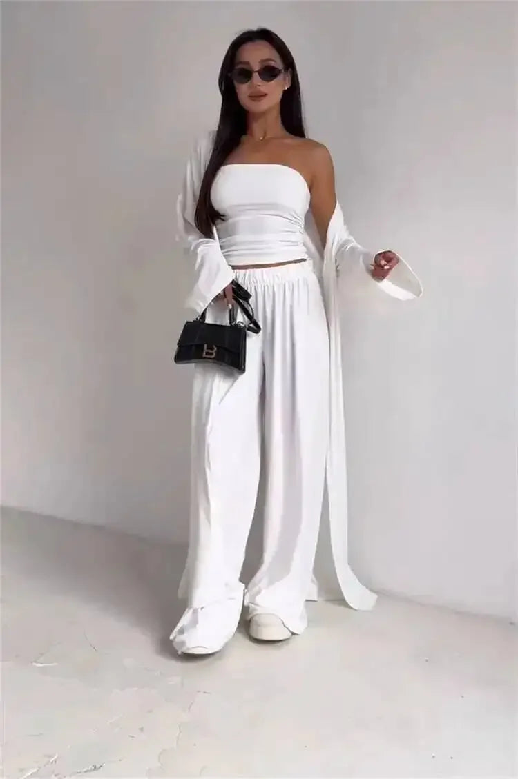 Summer Women's Clothing Casual 3Pcs Strapless Vest Long Cardigan Wide-Leg Pants Suit Lady Elegant Office Wear Outfits for Female